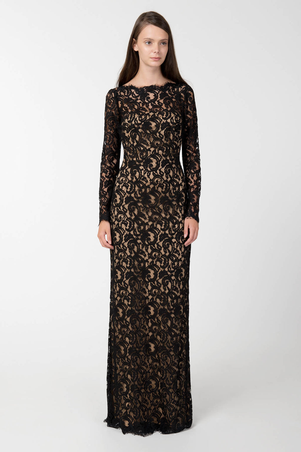 Blouson Back Lace Long Sleeve Gown in Black / Nude