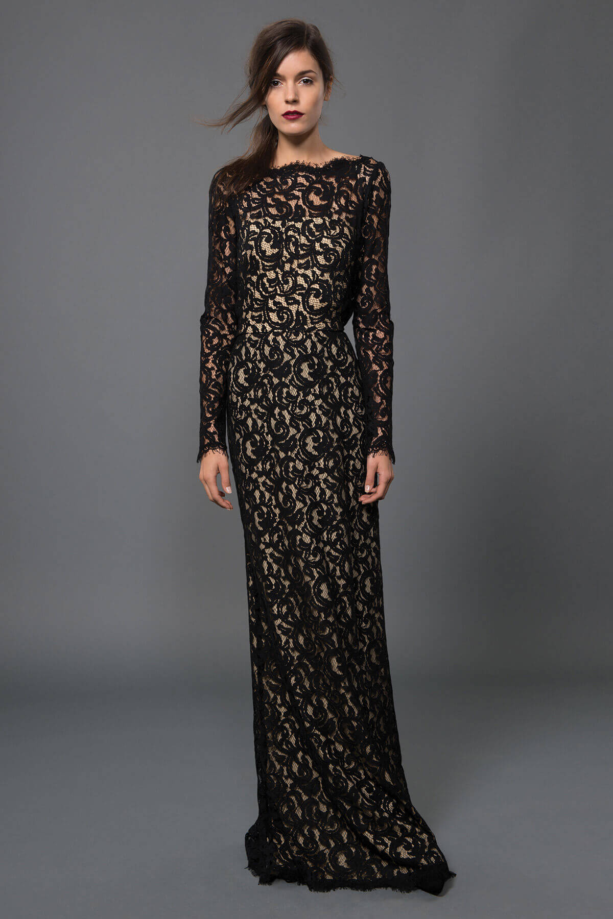 Blouson Back Lace Long Sleeve Gown in Black / Nude