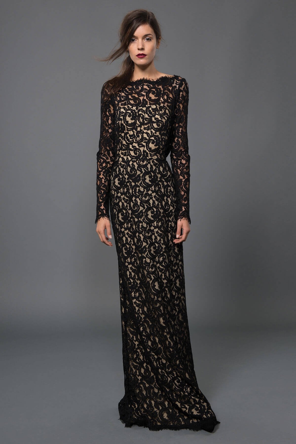 Blouson Back Lace Long Sleeve Gown in Black / Nude