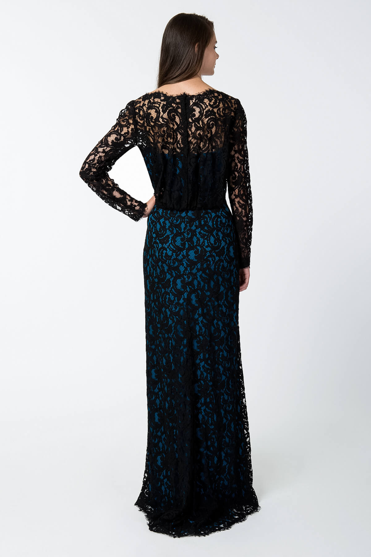 Lace Long Sleeve Blouson Back Gown in Black / Prussian Blue