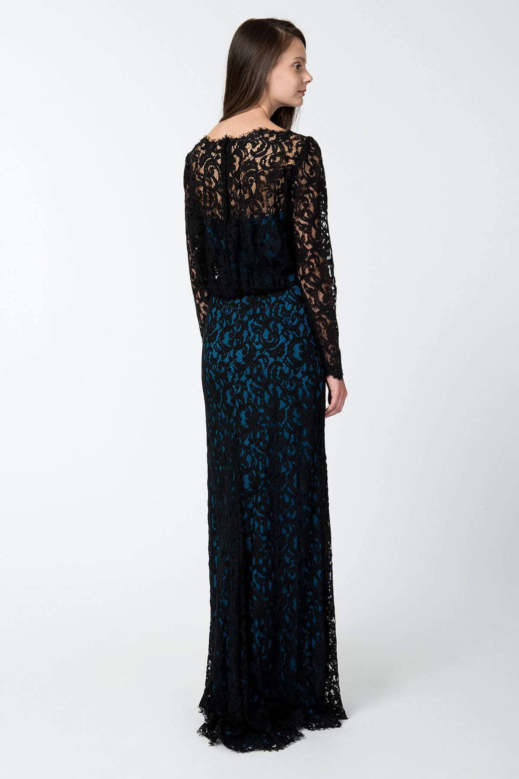 Lace Long Sleeve Blouson Back Gown in Black / Prussian Blue