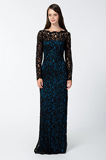 Lace Long Sleeve Blouson Back Gown in Black / Prussian Blue