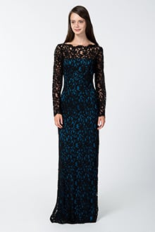Lace Long Sleeve Blouson Back Gown in Black / Prussian Blue