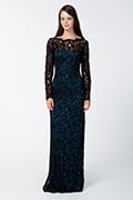 Lace Long Sleeve Blouson Back Gown in Black / Prussian Blue