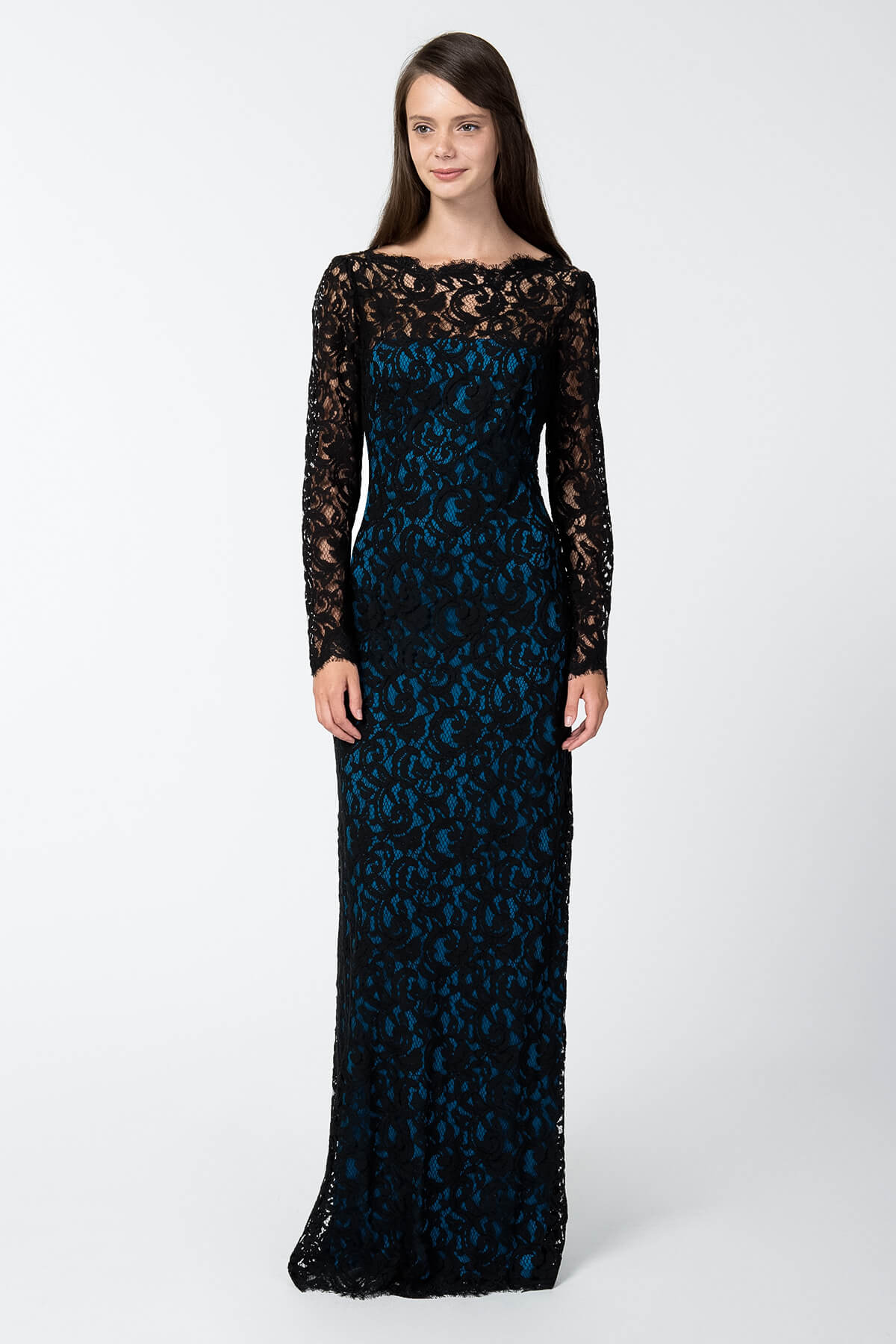 Lace Long Sleeve Blouson Back Gown in Black / Prussian Blue
