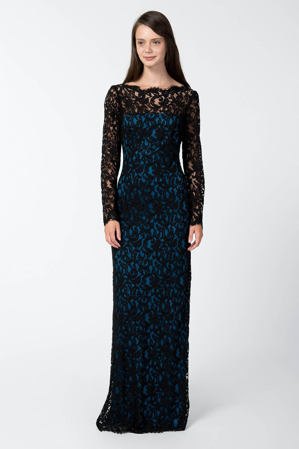 Lace Long Sleeve Blouson Back Gown in Black / Prussian Blue
