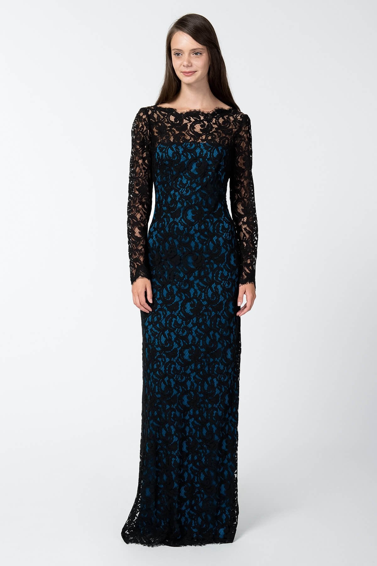 Lace Long Sleeve Blouson Back Gown in Black / Prussian Blue