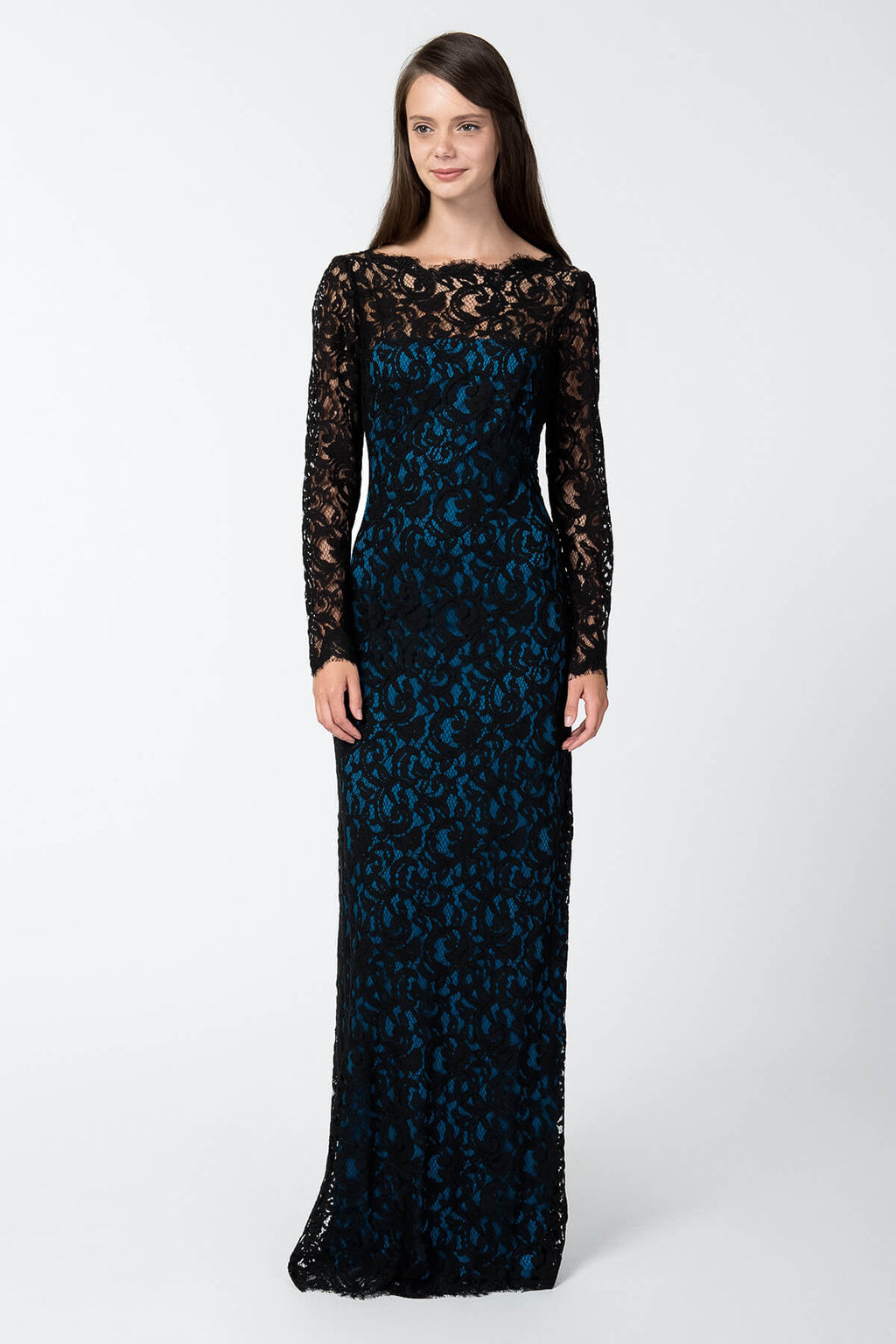 Lace Long Sleeve Blouson Back Gown in Black / Prussian Blue
