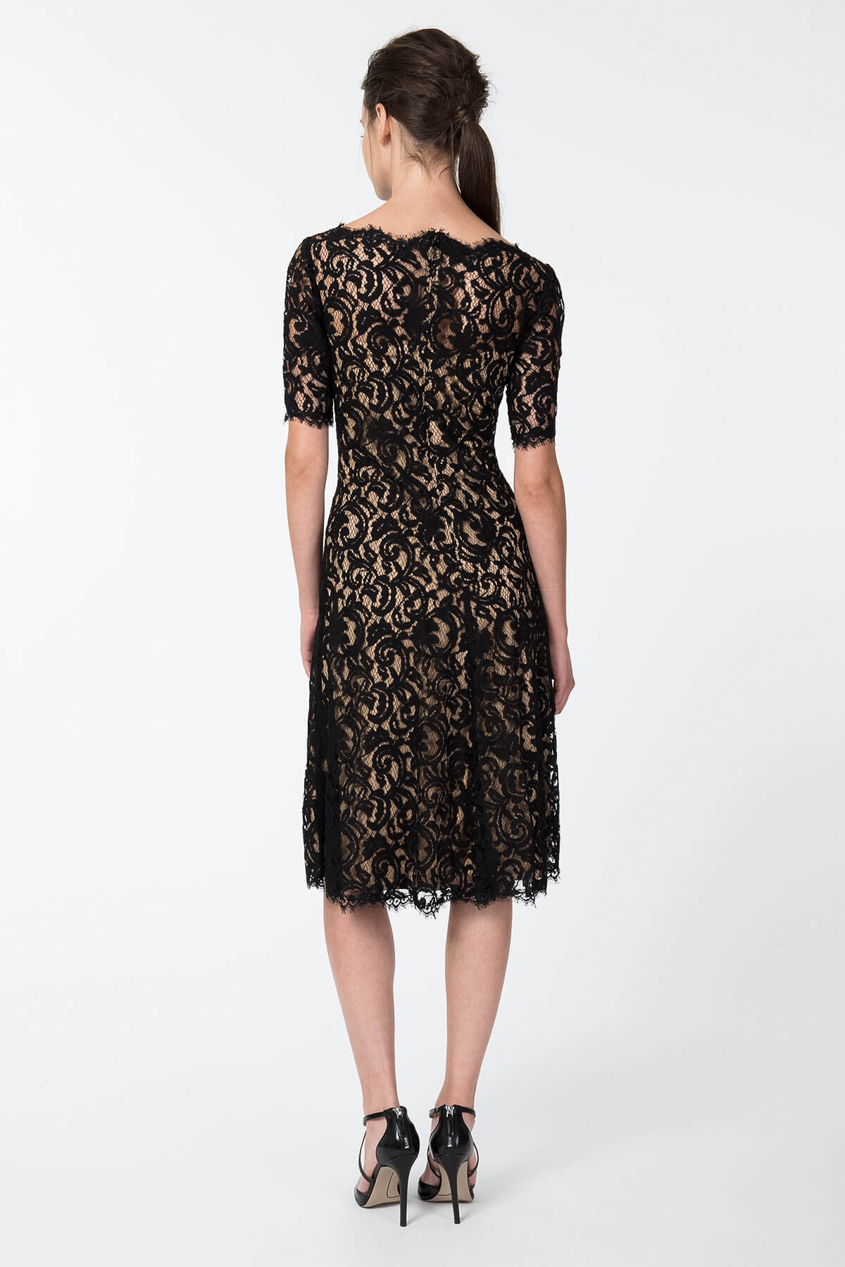 Short Sleeve A-Line Lace Dress in Black / Nude