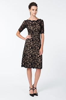 Short Sleeve A-Line Lace Dress in Black / Nude