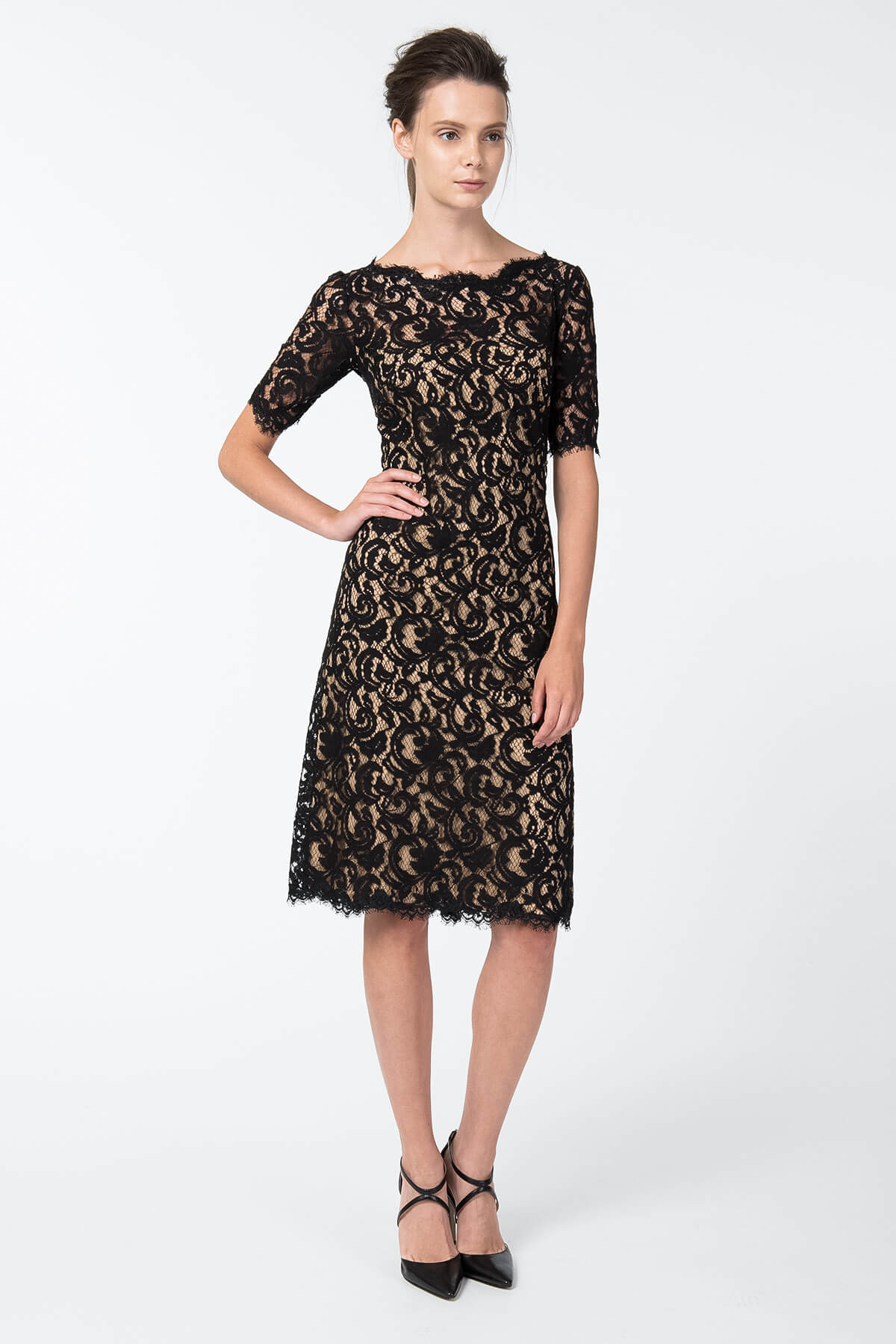 Short Sleeve A-Line Lace Dress in Black / Nude