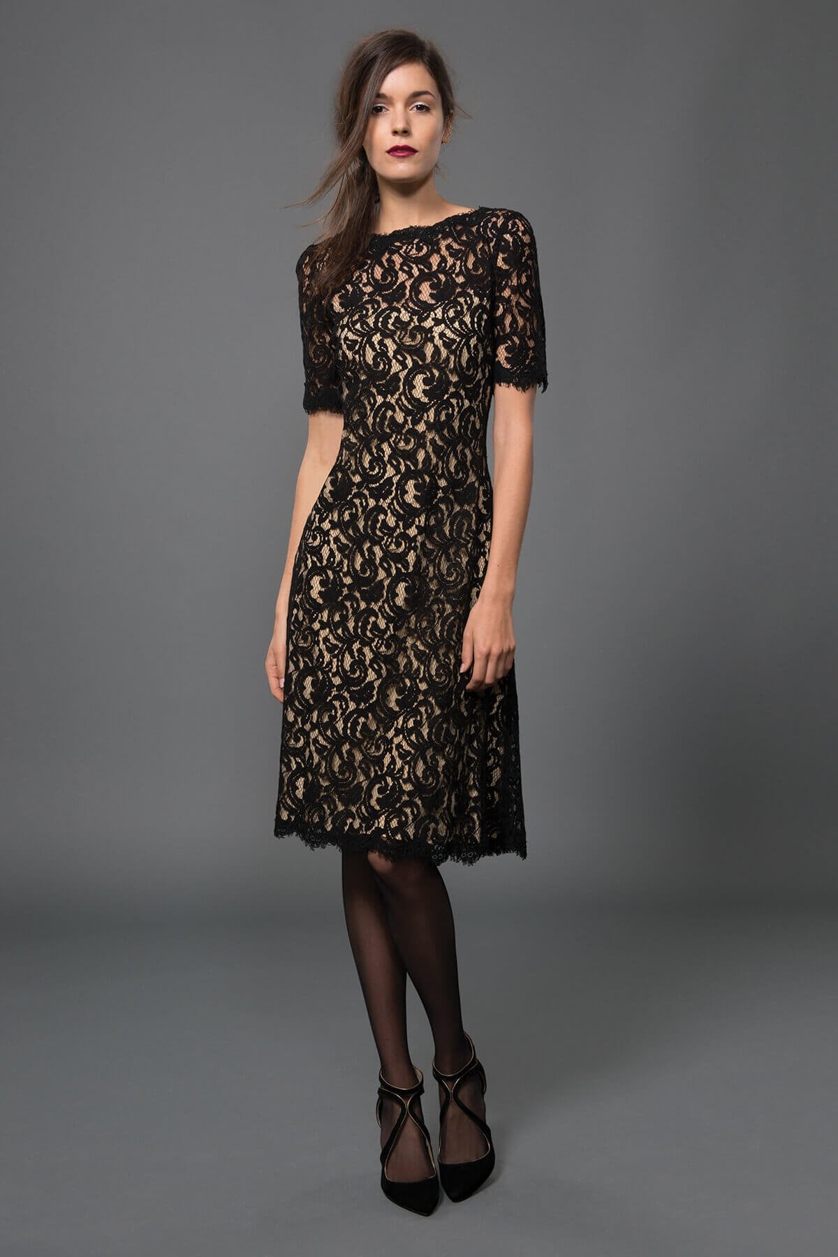 Short Sleeve A-Line Lace Dress in Black / Nude
