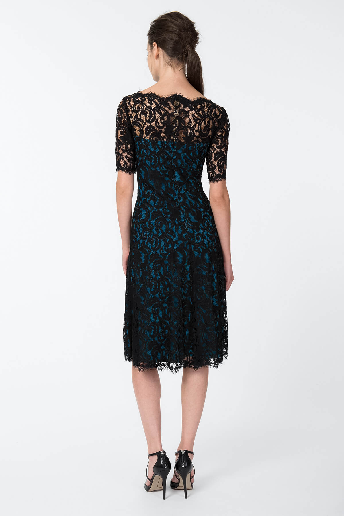 Short Sleeve A-Line Lace Dress in Black / Prussian Blue