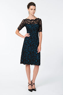 Short Sleeve A-Line Lace Dress in Black / Prussian Blue