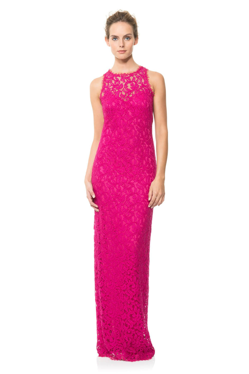 Lace Illusion Neckline Column Gown
