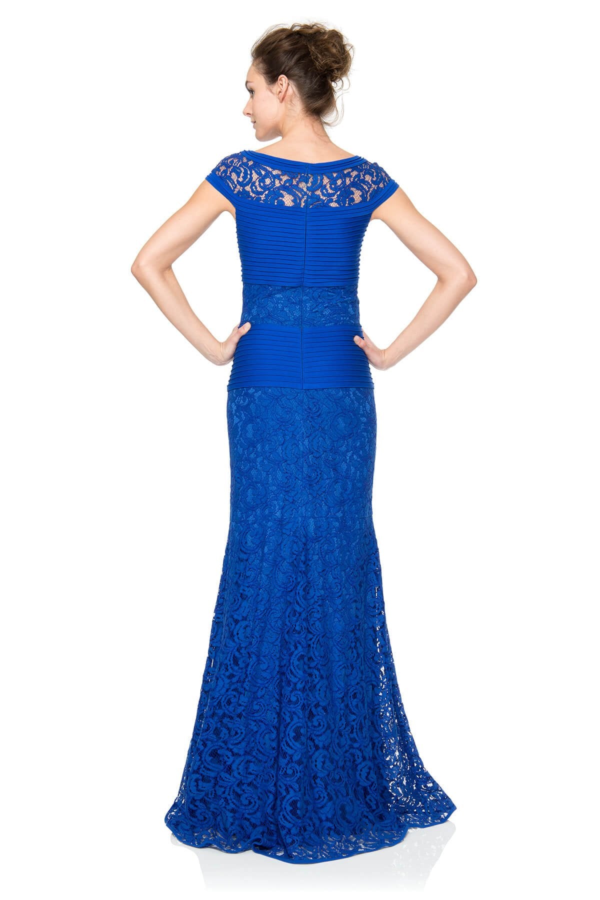 Pintuck Jersey and Lace Cap Sleeve Gown
