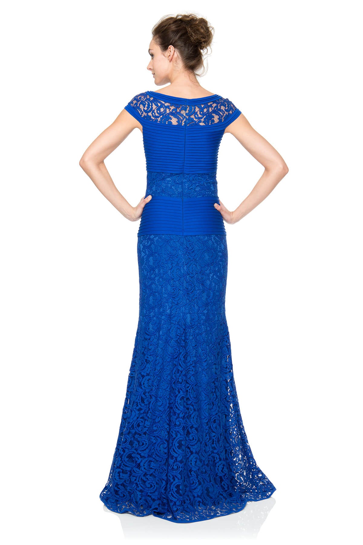 Pintuck Jersey and Lace Cap Sleeve Gown