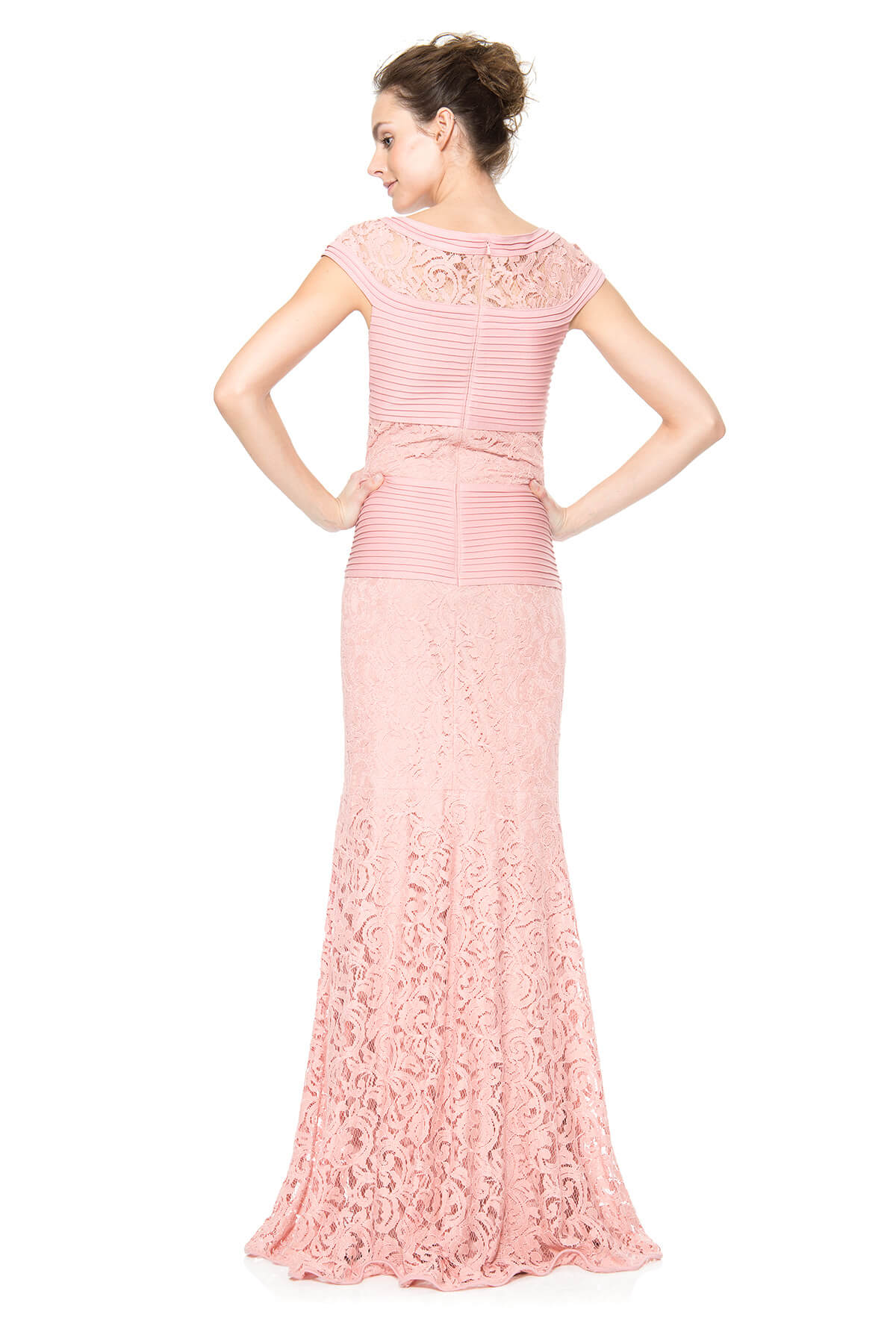 Pintuck Jersey and Lace Cap Sleeve Gown