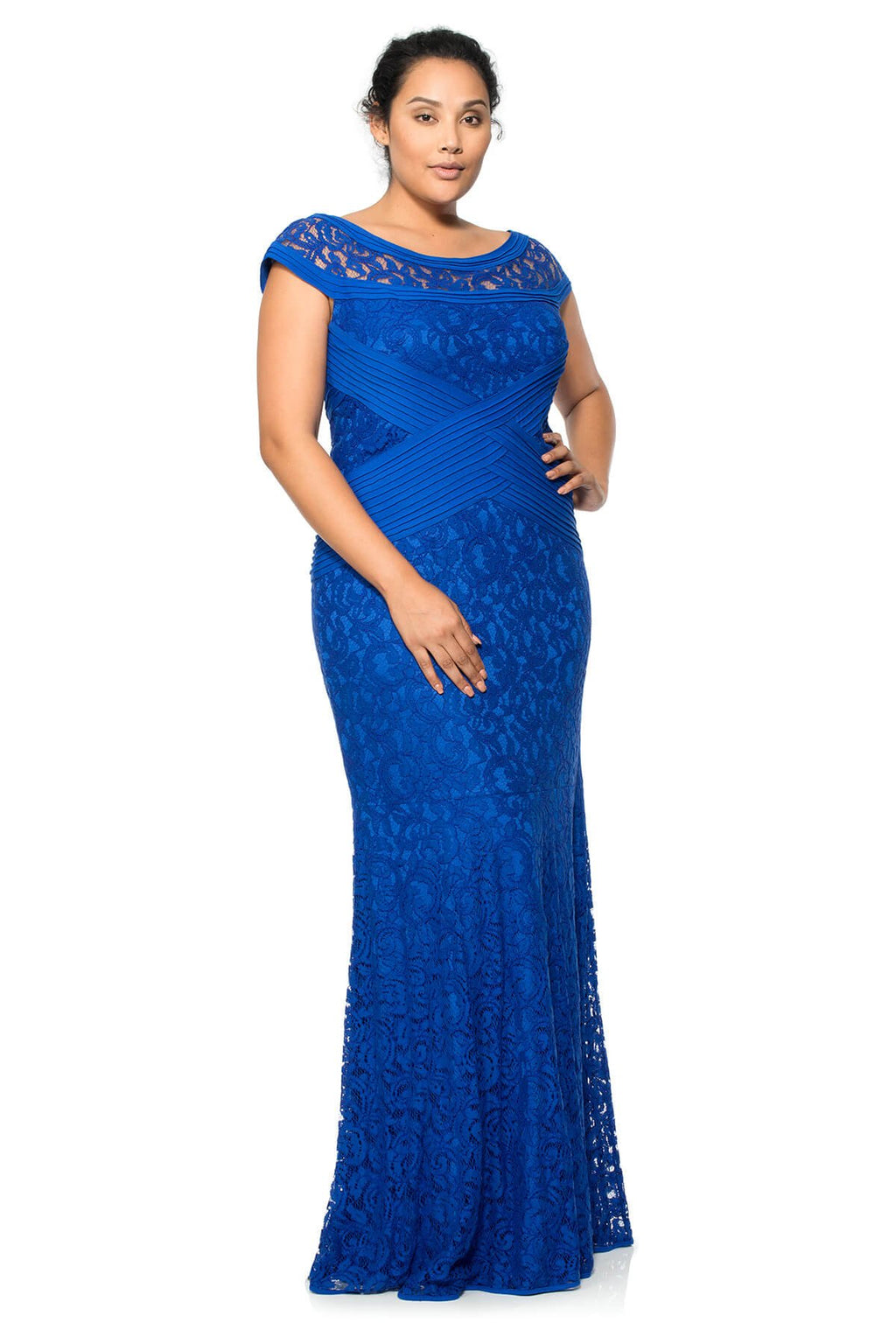 Tadashi Shoji Plus Size - Pintuck Jersey and Lace Cap Sleeve Gown