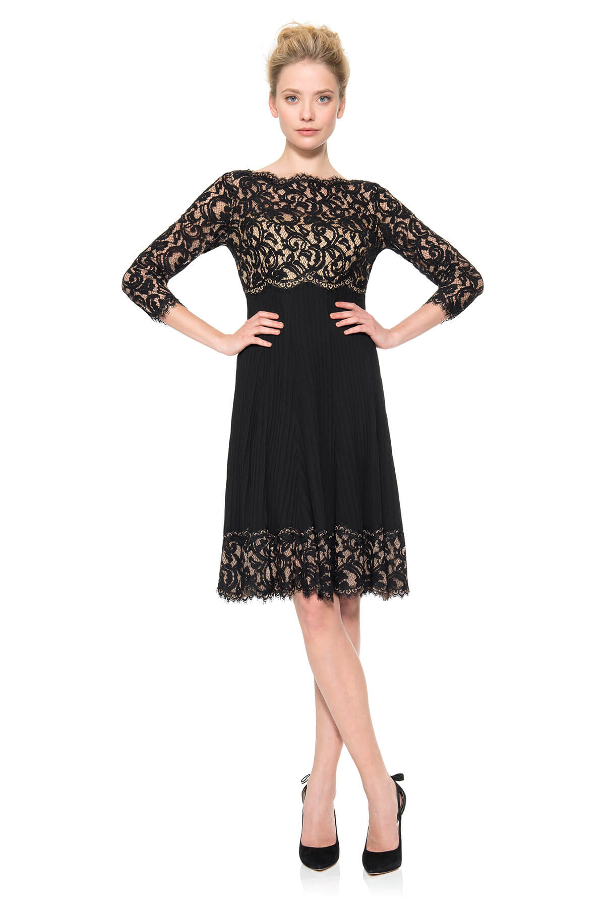 Lace and Pintuck Jersey 3/4 Sleeve Dress