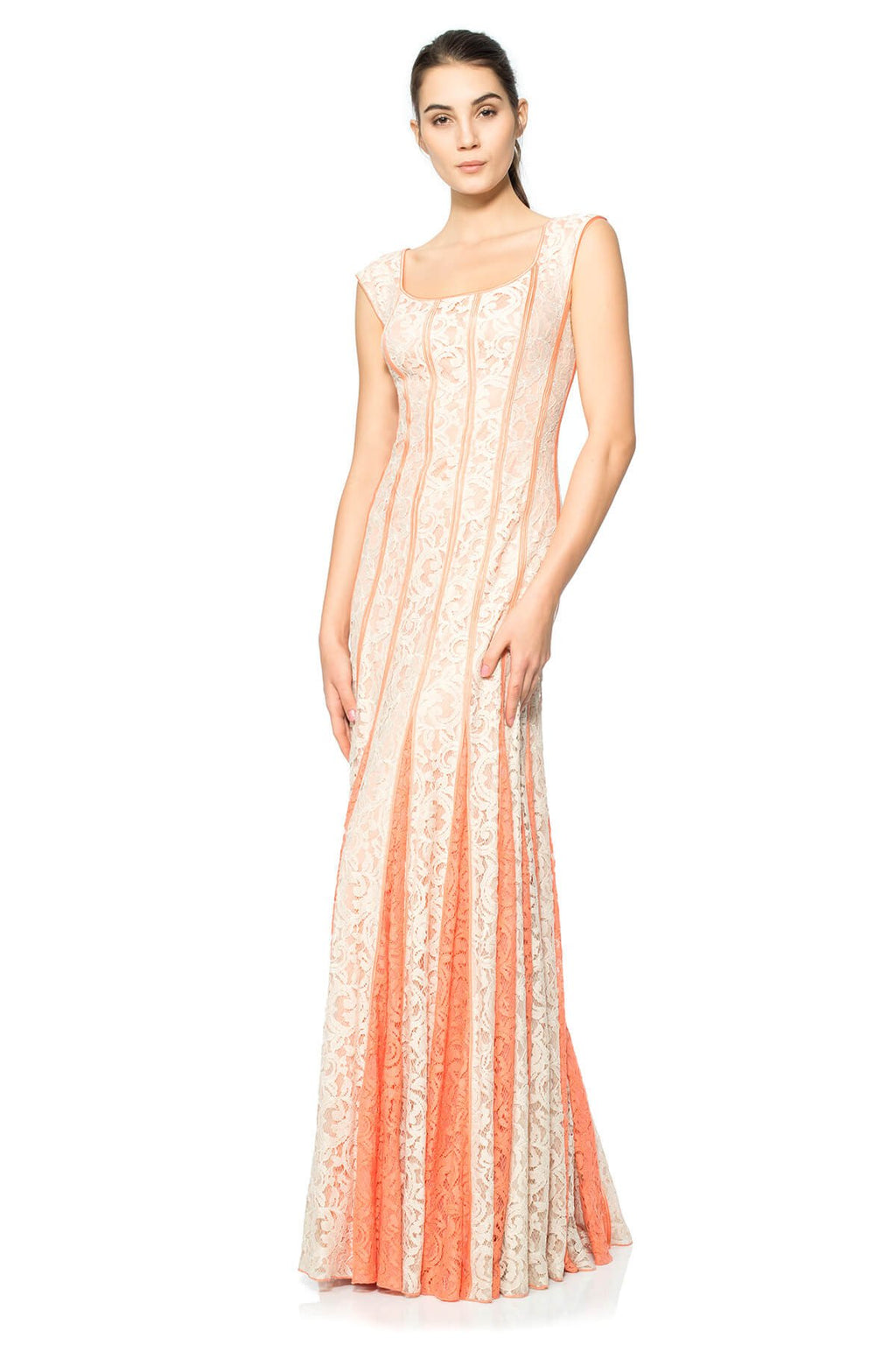 Lace-Paneled Gown with Contrast Godets