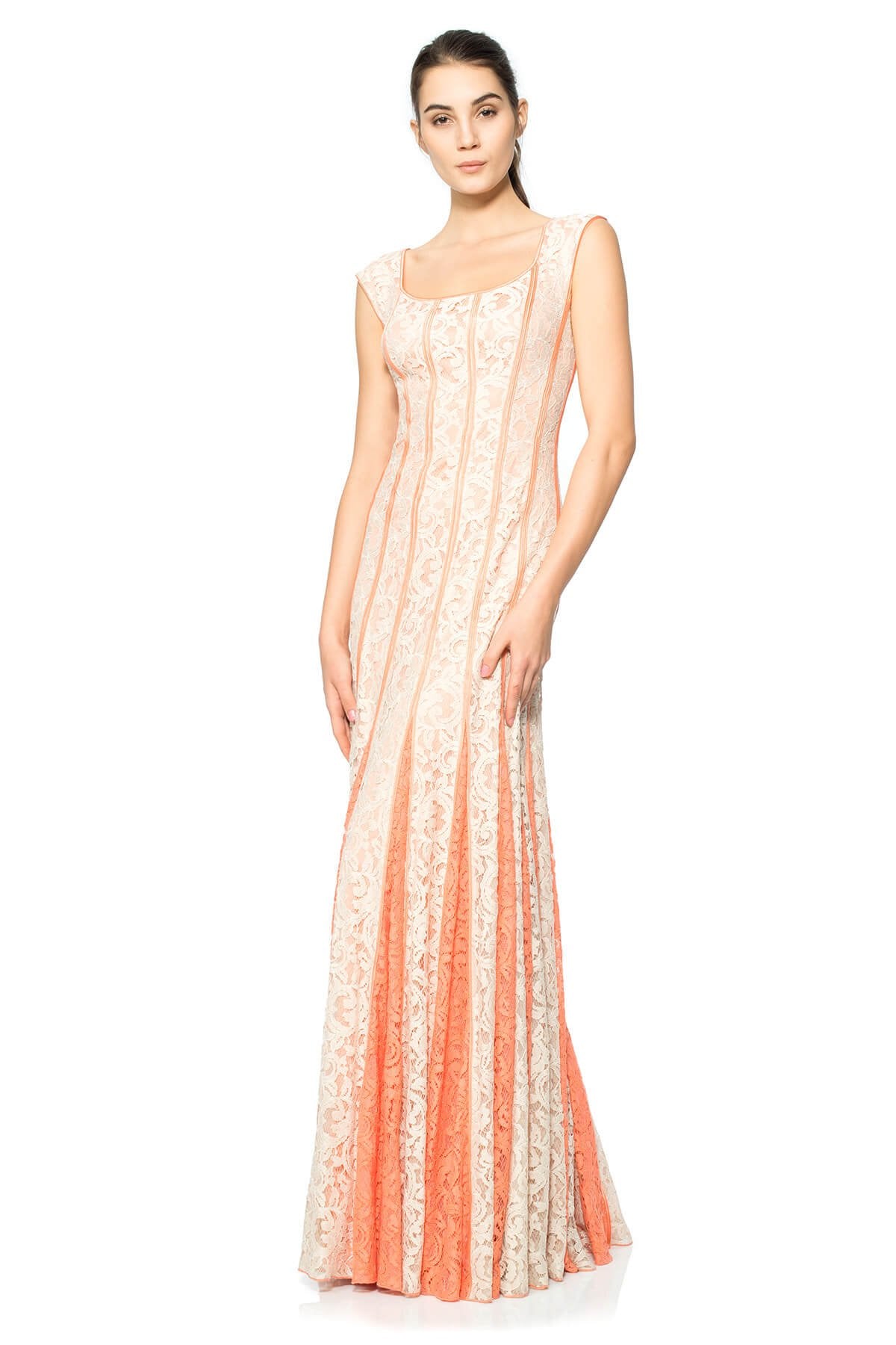 Lace-Paneled Gown with Contrast Godets