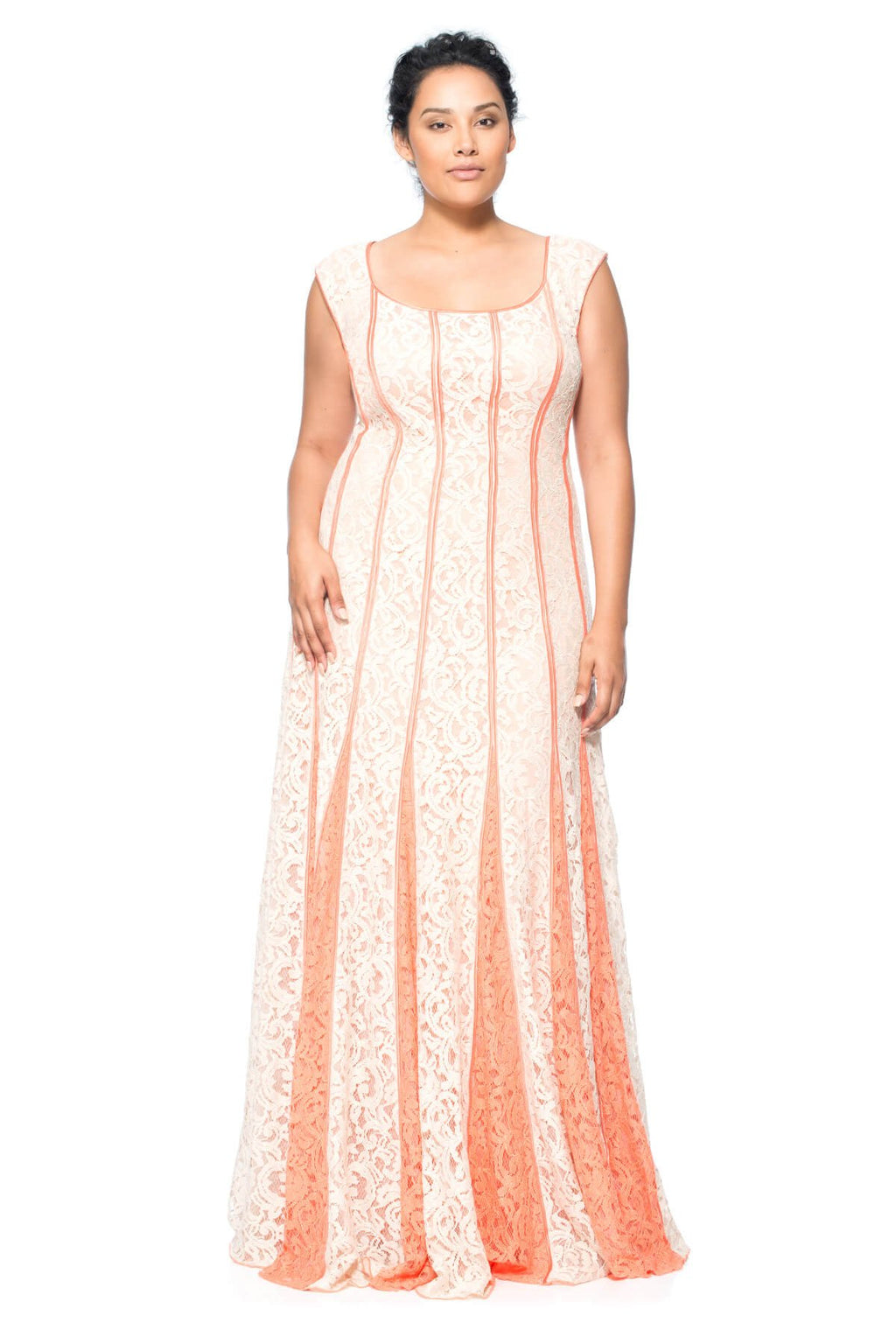 Lace-Paneled Gown with Contrast Godets - PLUS SIZE