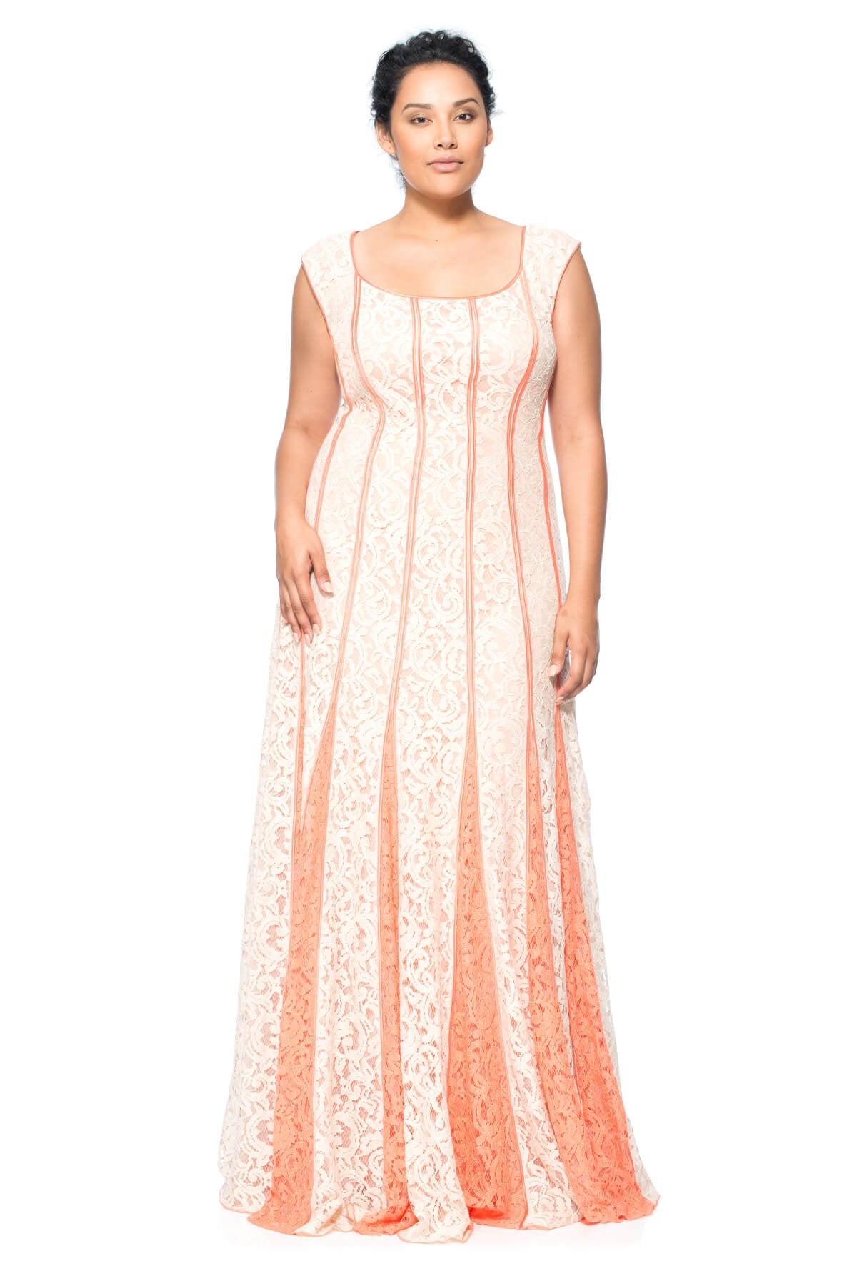 Lace-Paneled Gown with Contrast Godets - PLUS SIZE