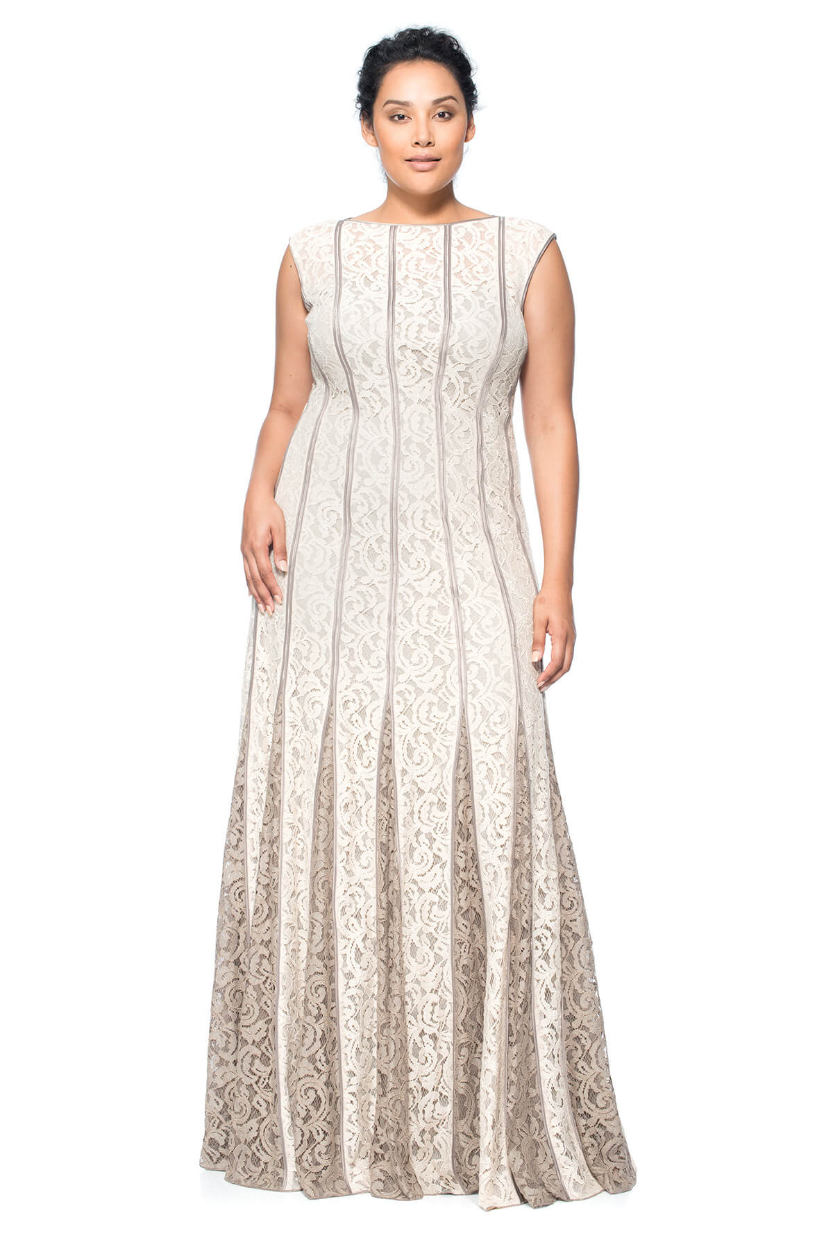 Lace-Paneled Gown with Contrast Godets - PLUS SIZE