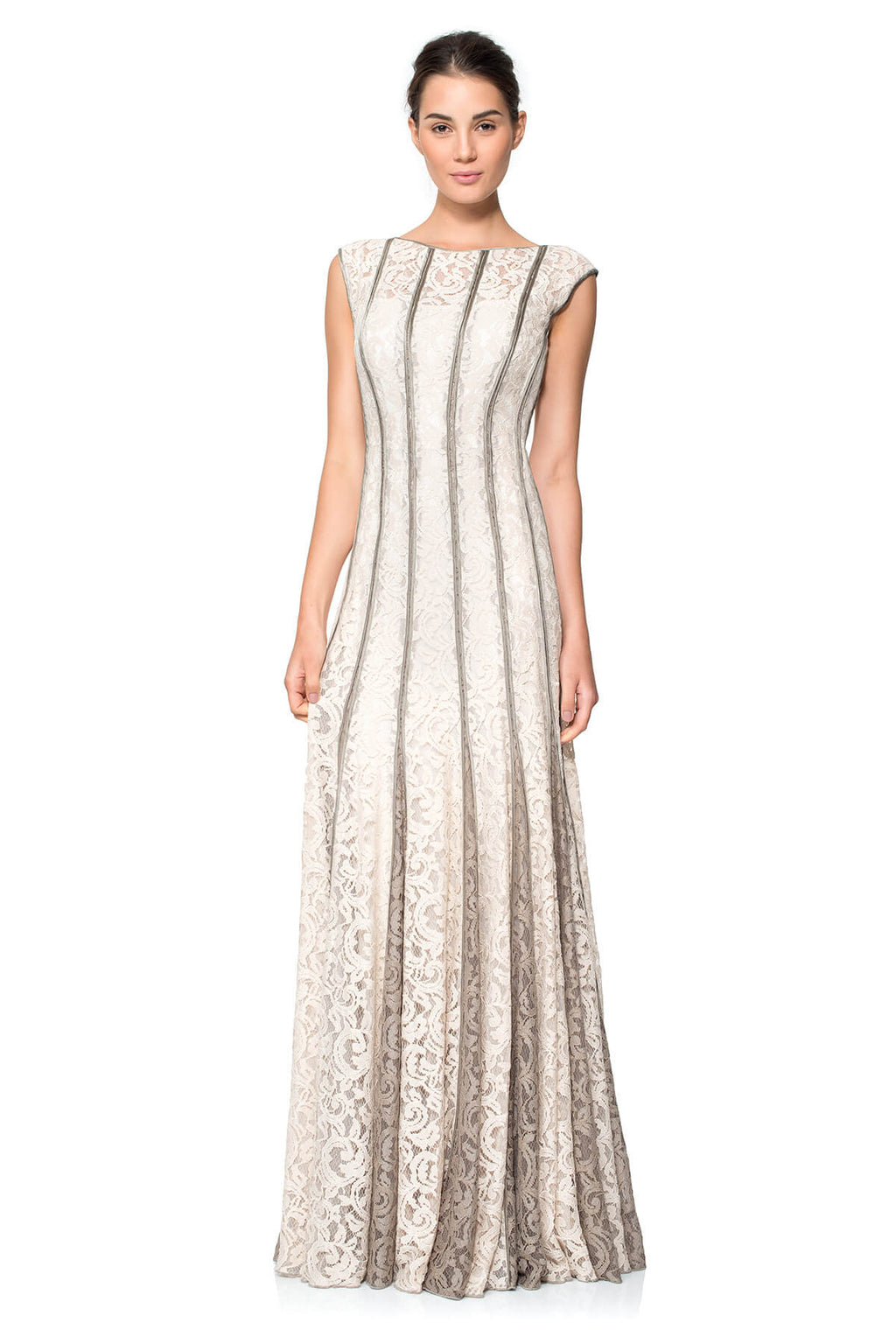 Lace-Paneled Gown with Contrast Godets