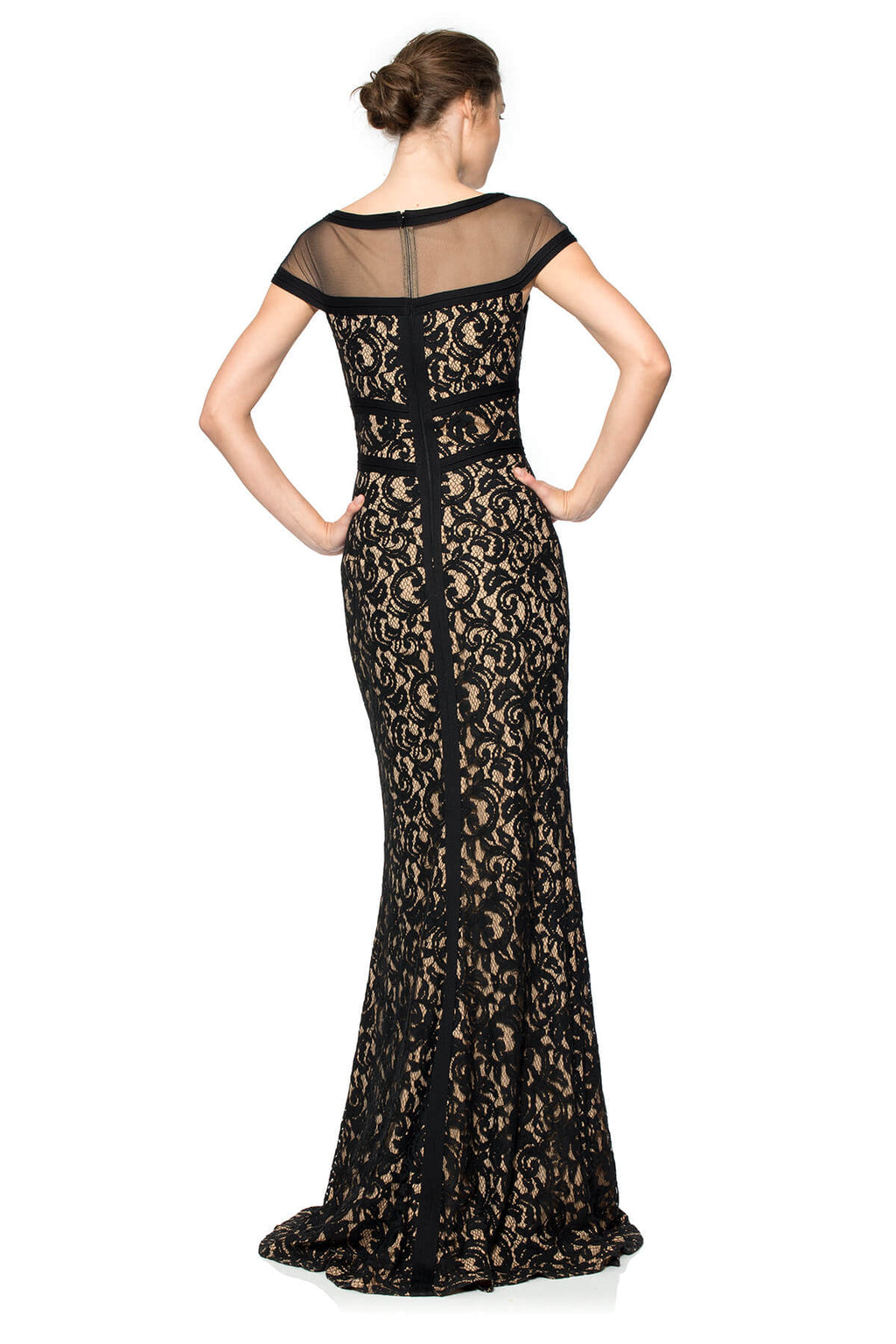 Lace Cap Sleeve Gown with Sheer Detail and Pintuck Jersey Piping