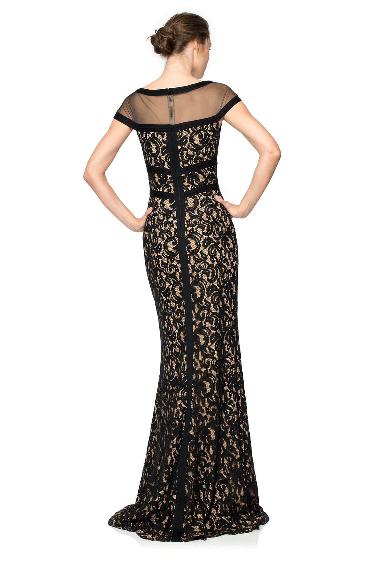 Lace Cap Sleeve Gown with Sheer Detail and Pintuck Jersey Piping