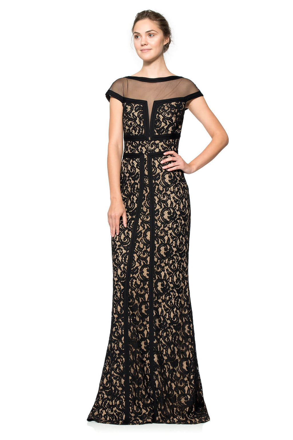 Lace Cap Sleeve Gown with Sheer Detail and Pintuck Jersey Piping