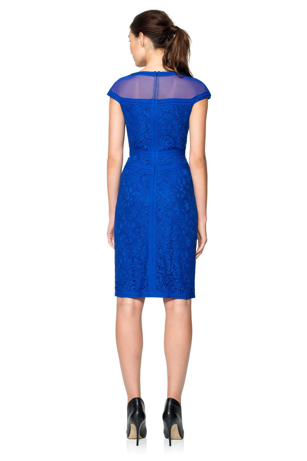 Lace Cap Sleeve Dress with Sheer Detail and Pintuck Jersey Piping