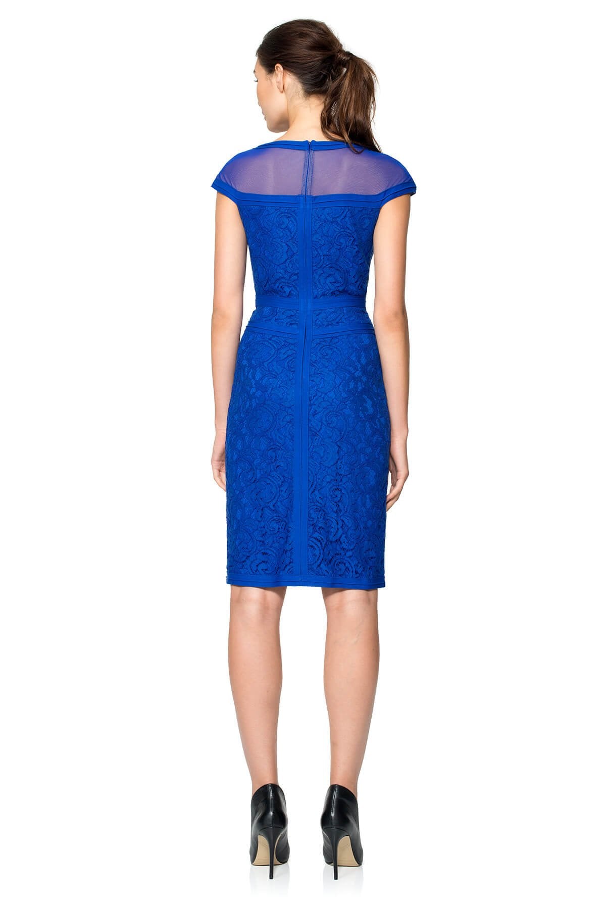 Lace Cap Sleeve Dress with Sheer Detail and Pintuck Jersey Piping