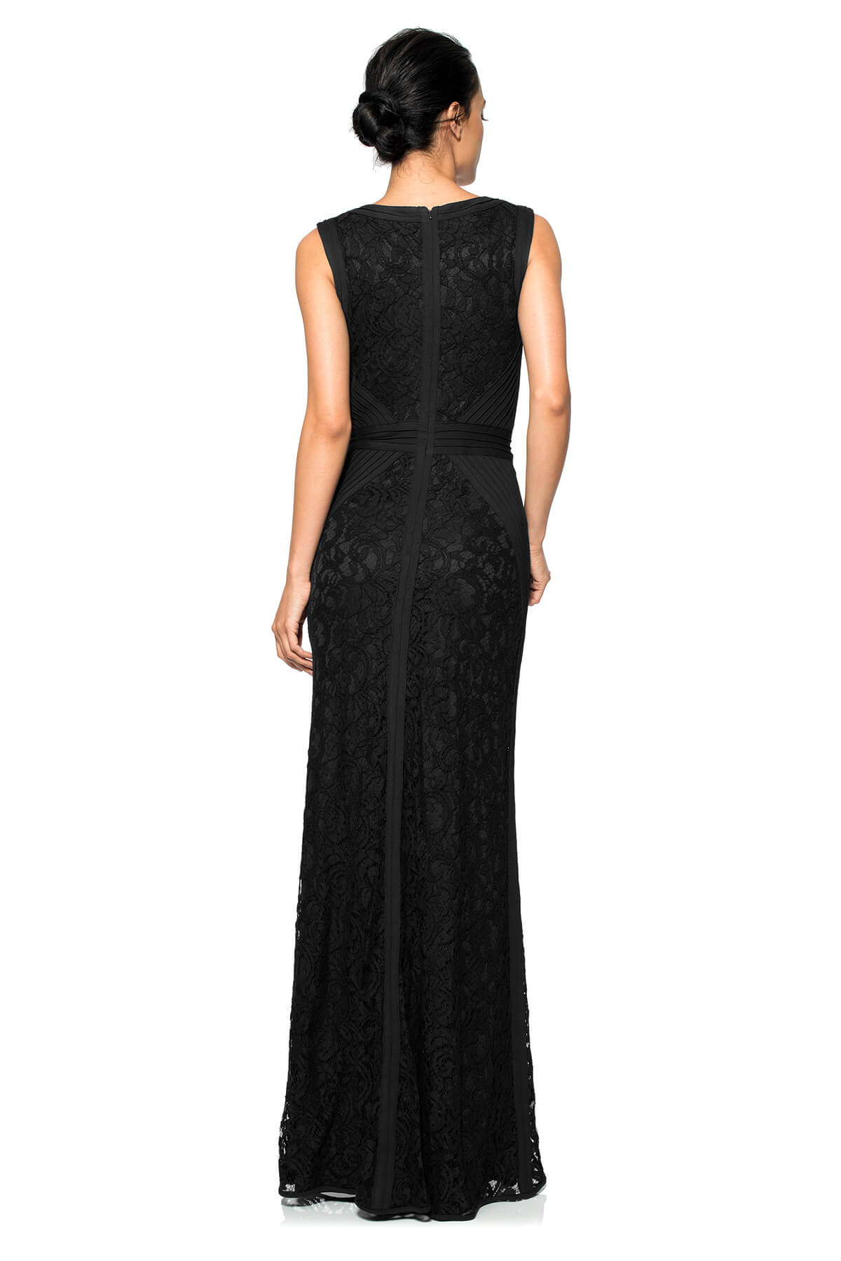 Lace V-Neck Gown with Pintuck Jersey Piping