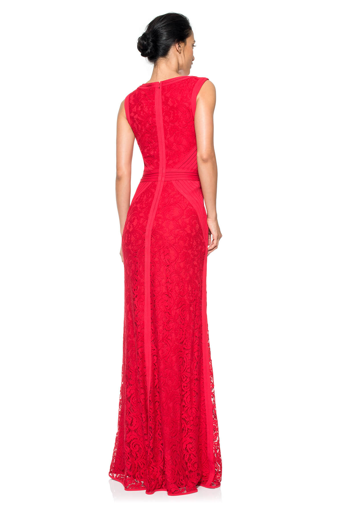 Lace V-Neck Gown with Pintuck Jersey Piping
