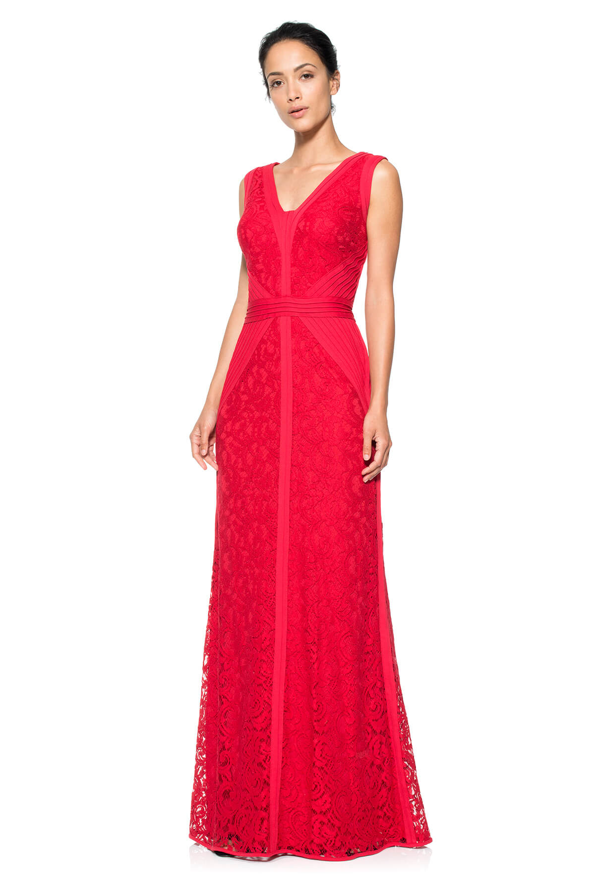 Lace V-Neck Gown with Pintuck Jersey Piping