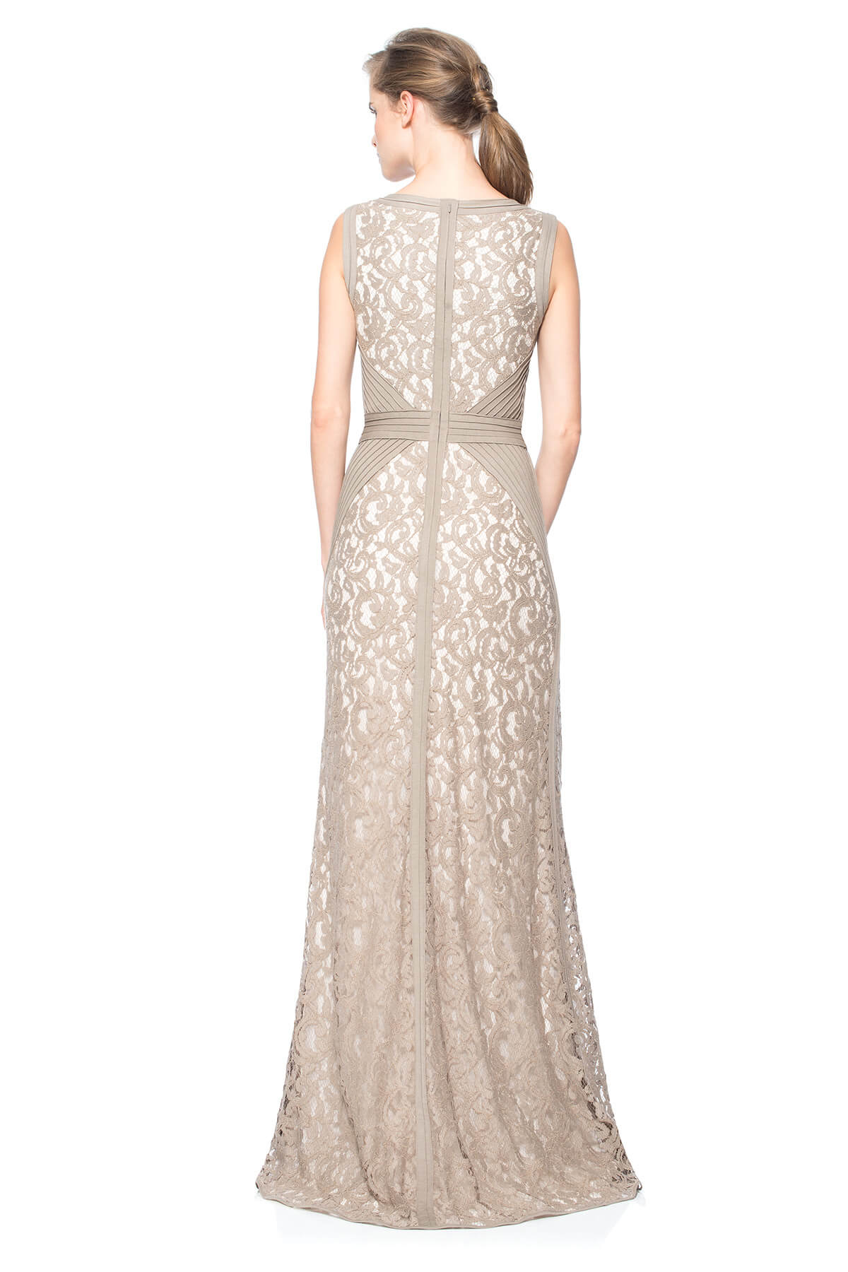 Lace V-Neck Gown with Pintuck Jersey Piping