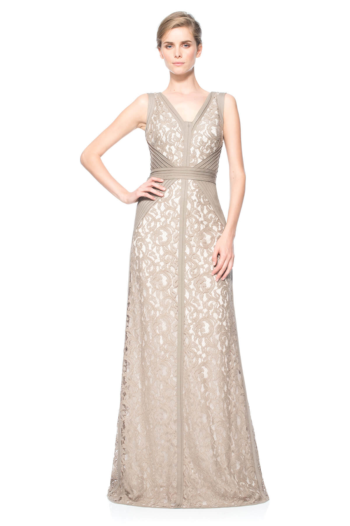 Lace V-Neck Gown with Pintuck Jersey Piping