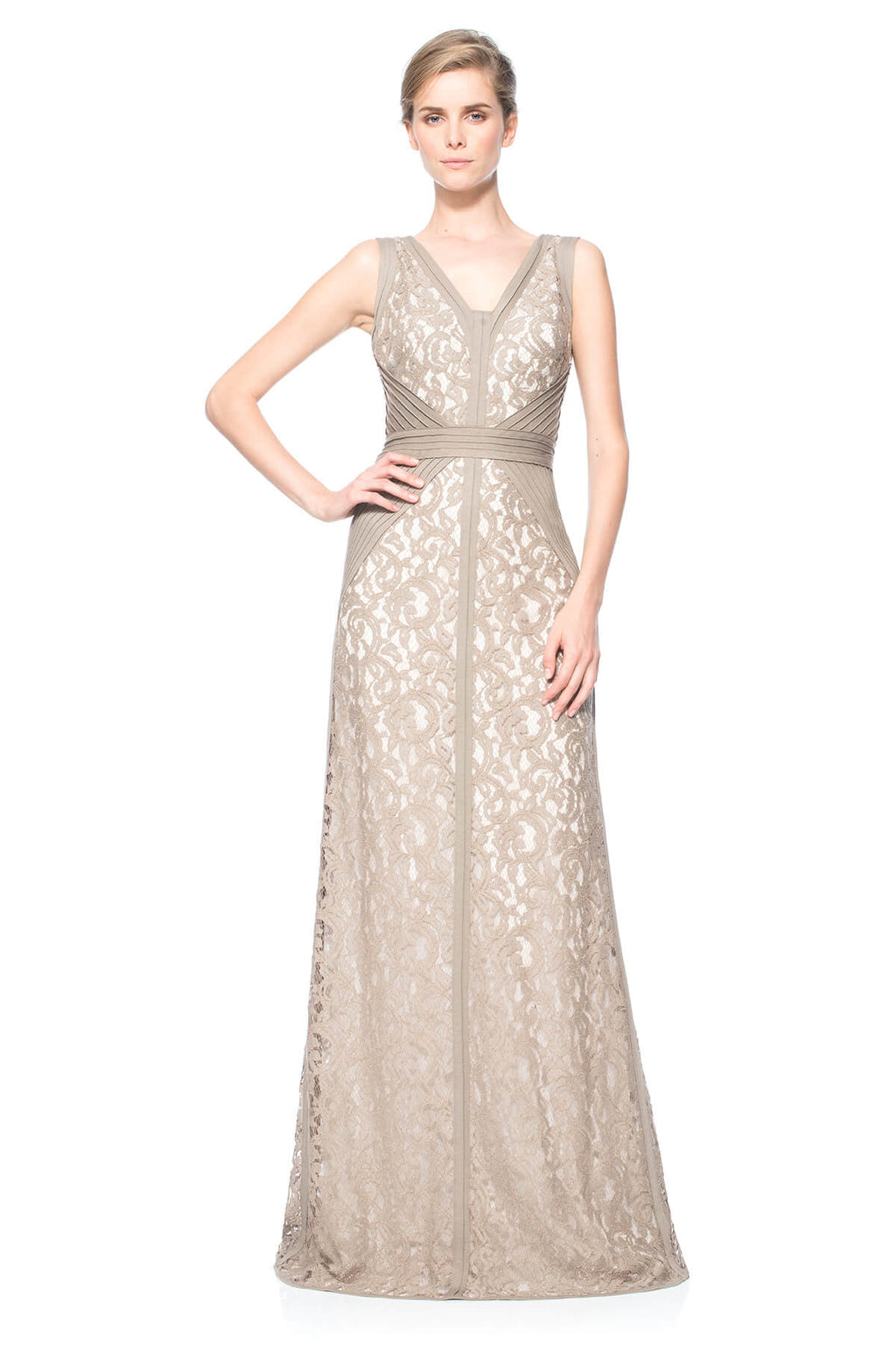 Lace V-Neck Gown with Pintuck Jersey Piping
