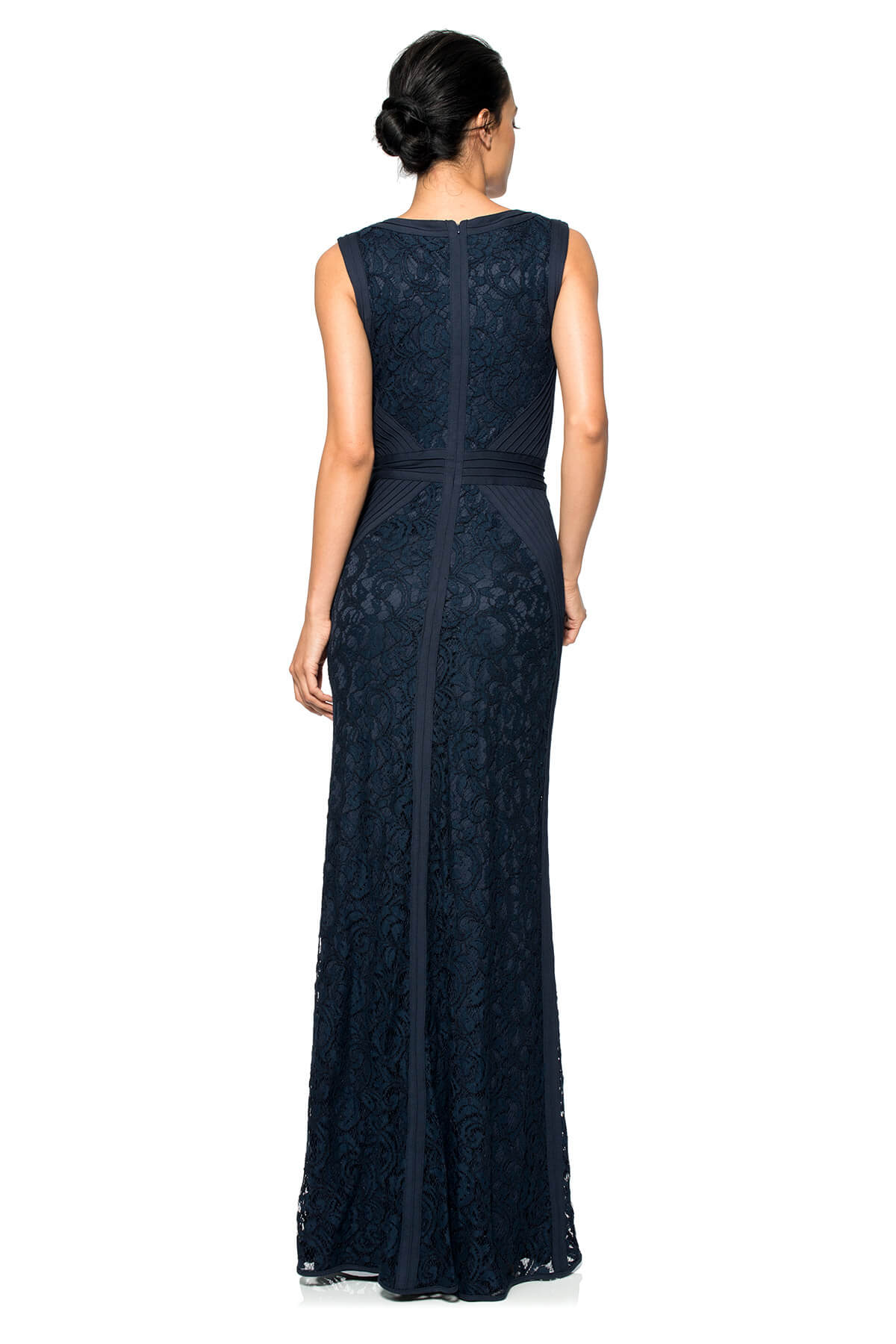 Lace V-Neck Gown with Pintuck Jersey Piping