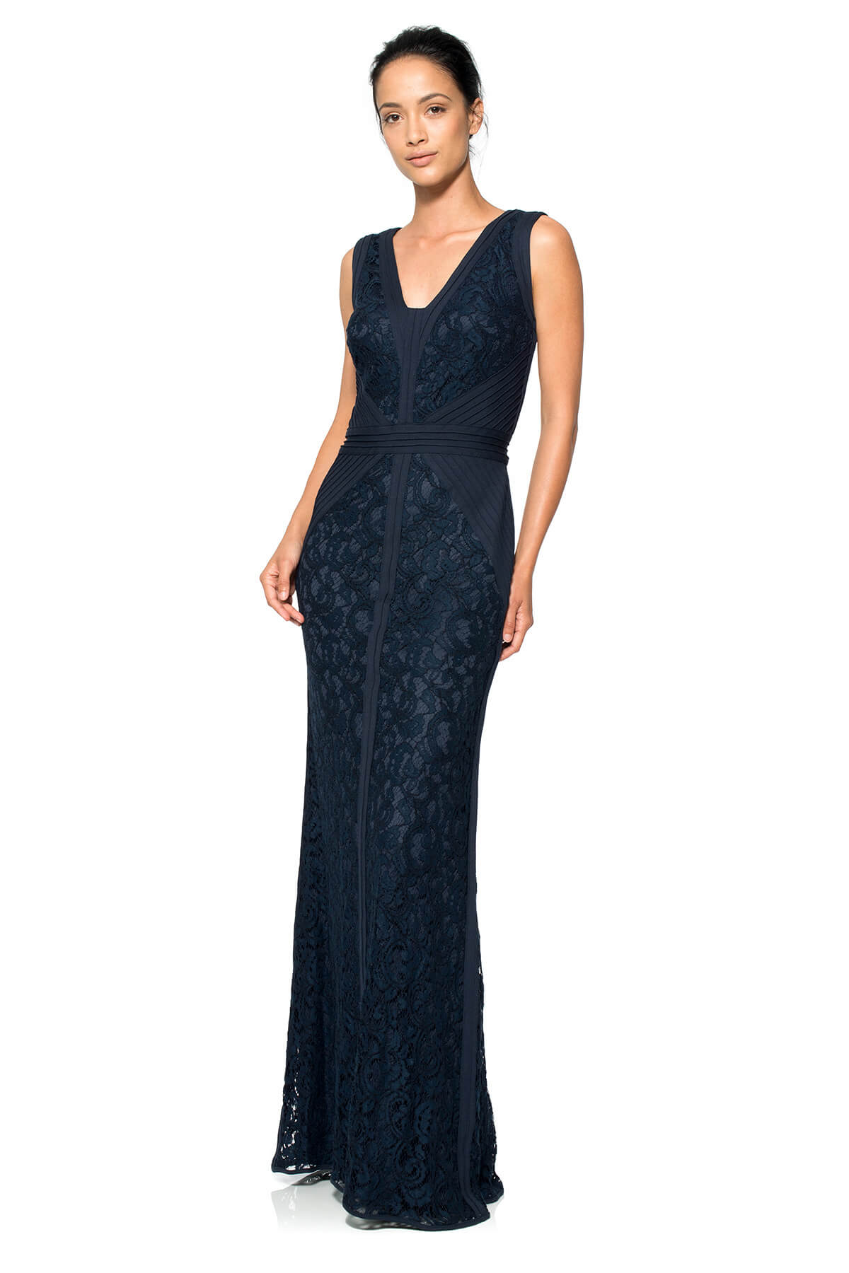 Lace V-Neck Gown with Pintuck Jersey Piping