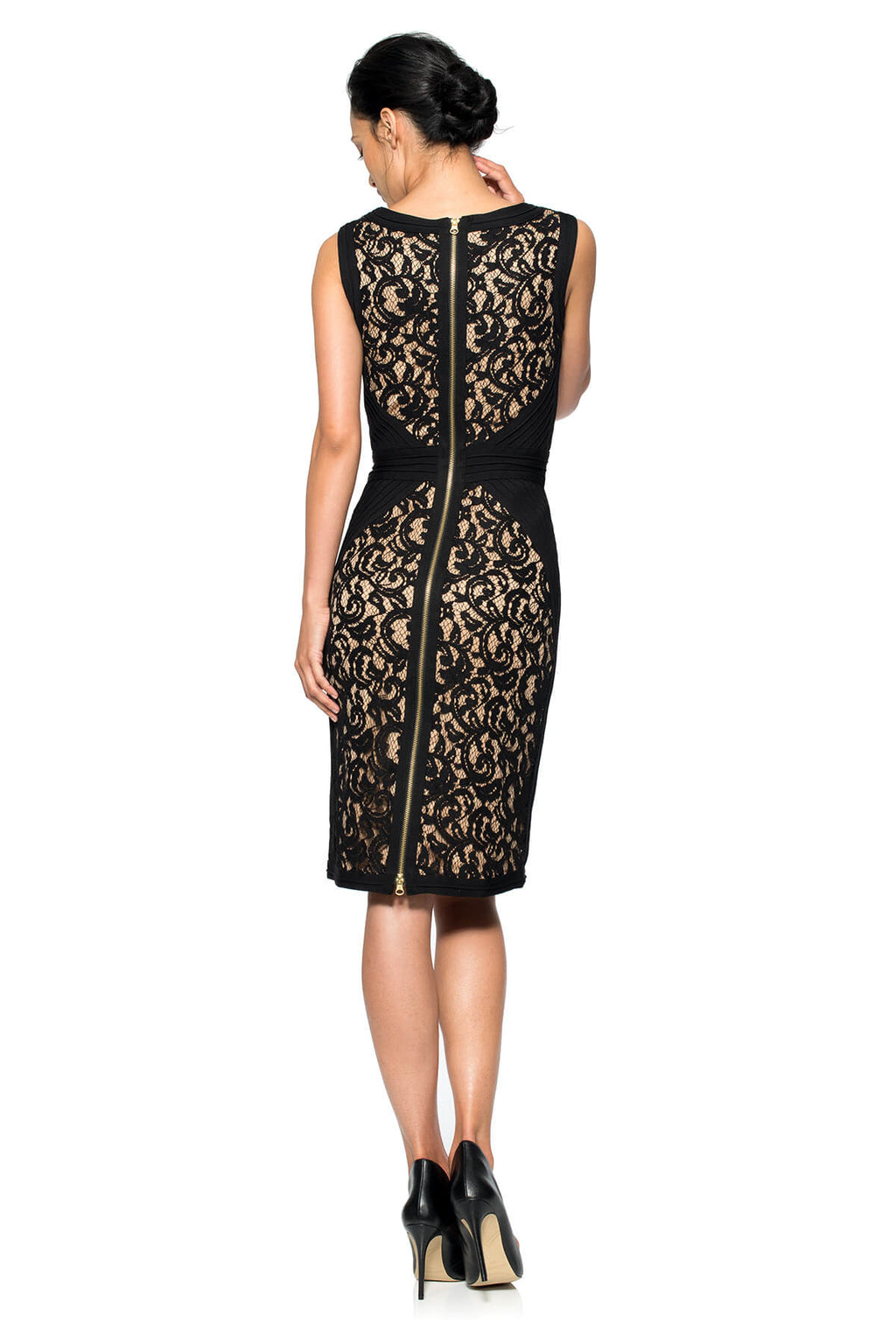Lace V-Neck Sheath with Pintuck Jersey Piping