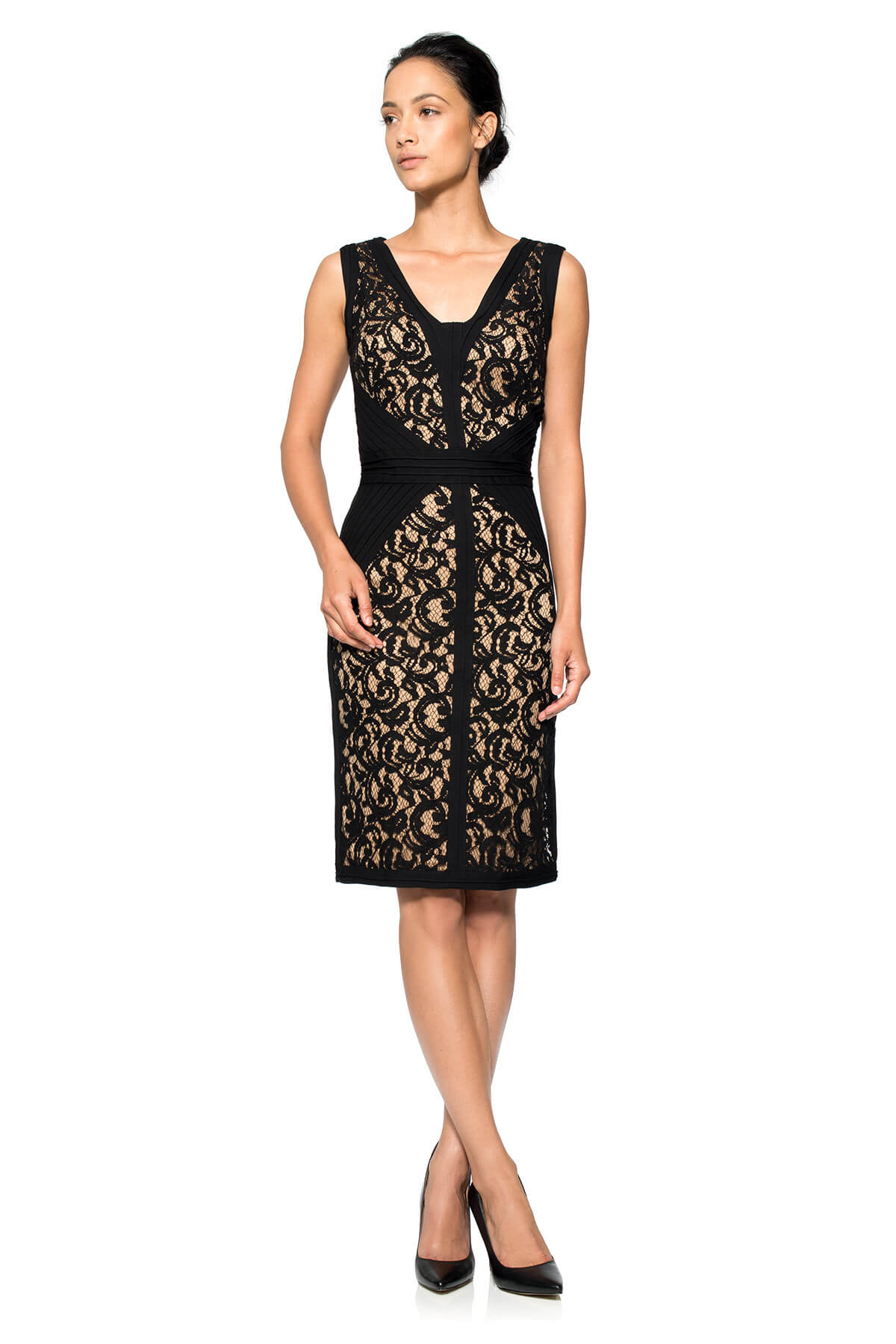 Lace V-Neck Sheath with Pintuck Jersey Piping