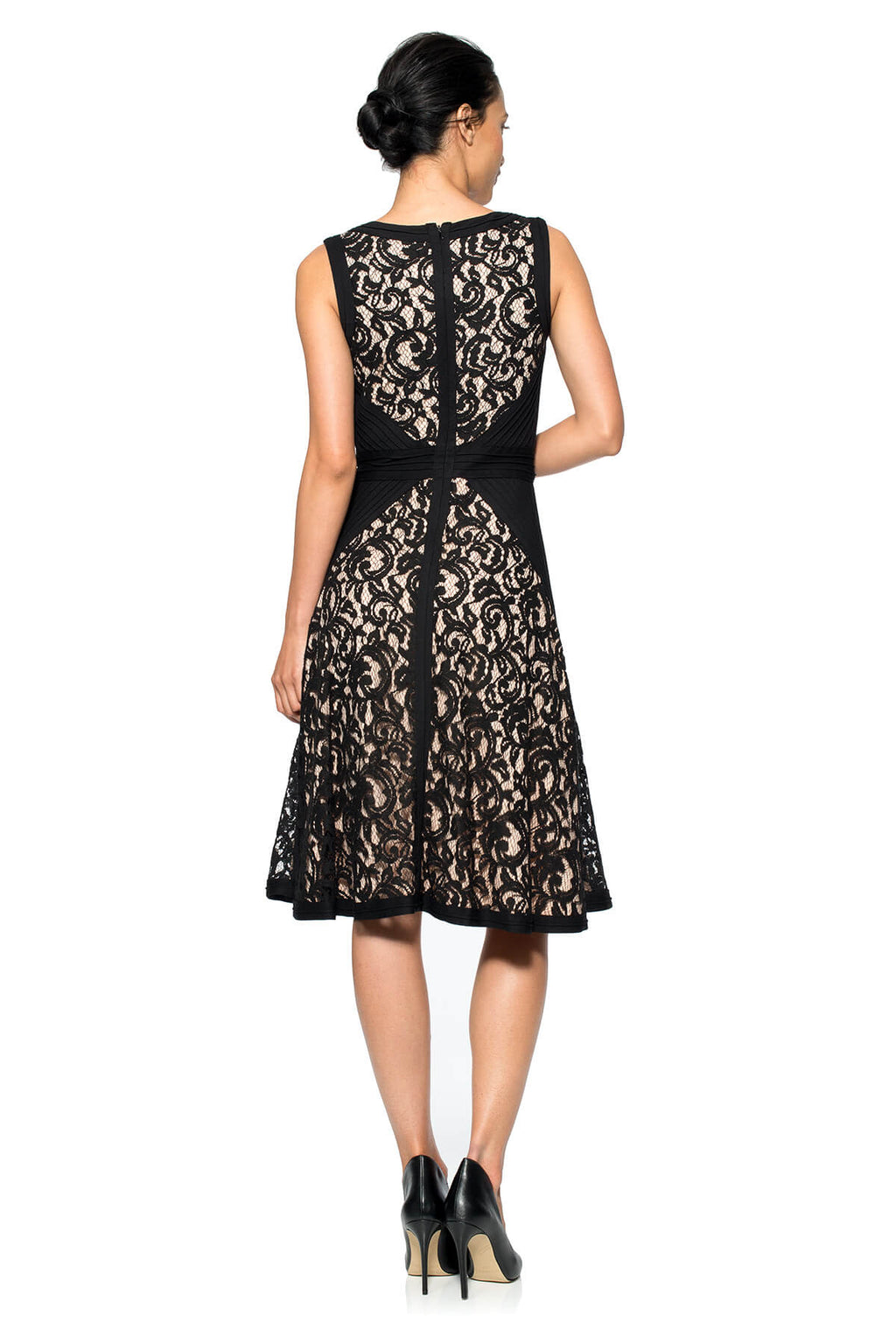 Lace V-Neck Dress with Pintuck Jersey Piping