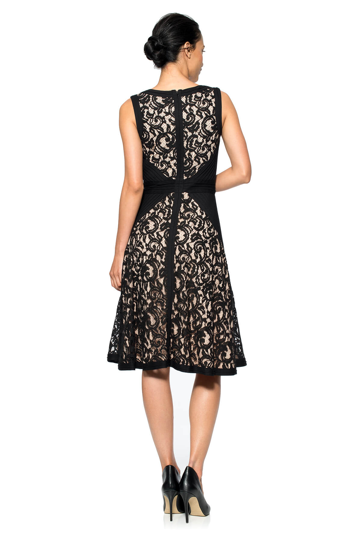 Lace V-Neck Dress with Pintuck Jersey Piping