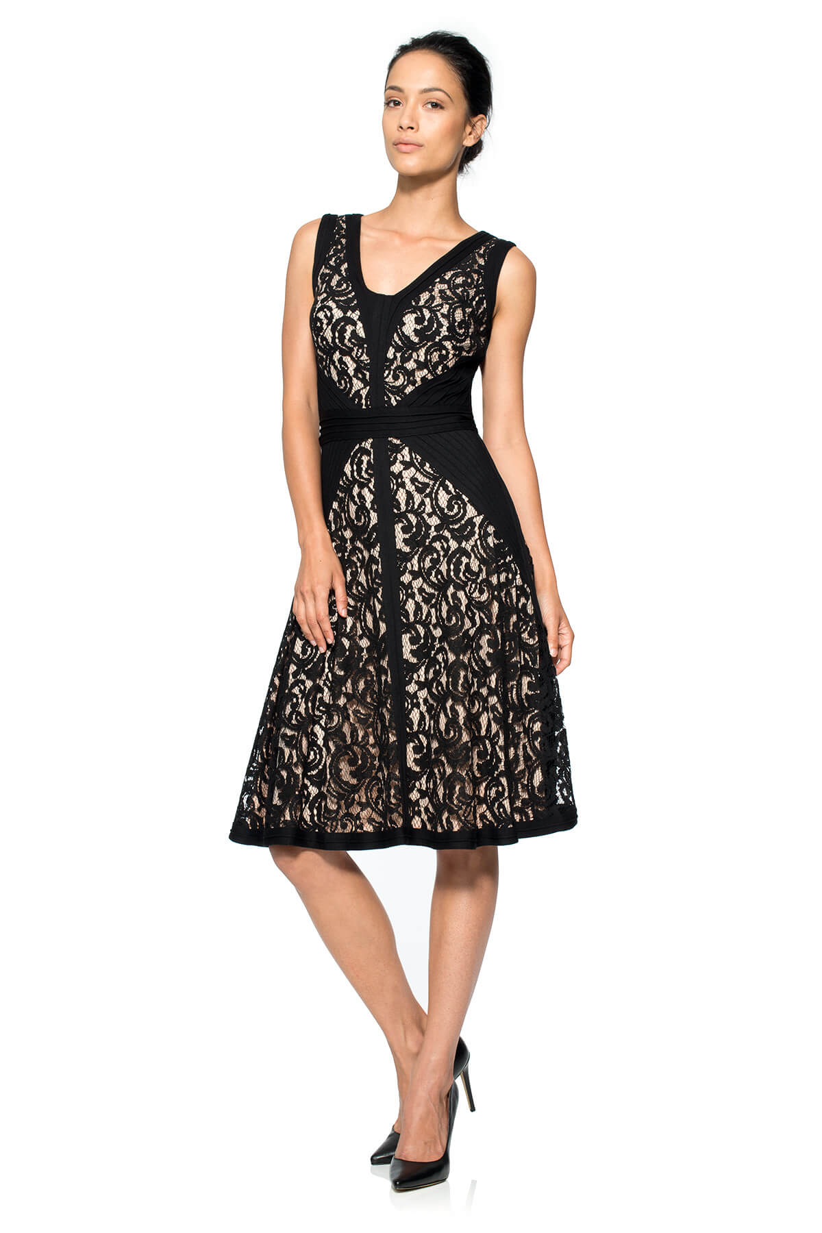 Lace V-Neck Dress with Pintuck Jersey Piping