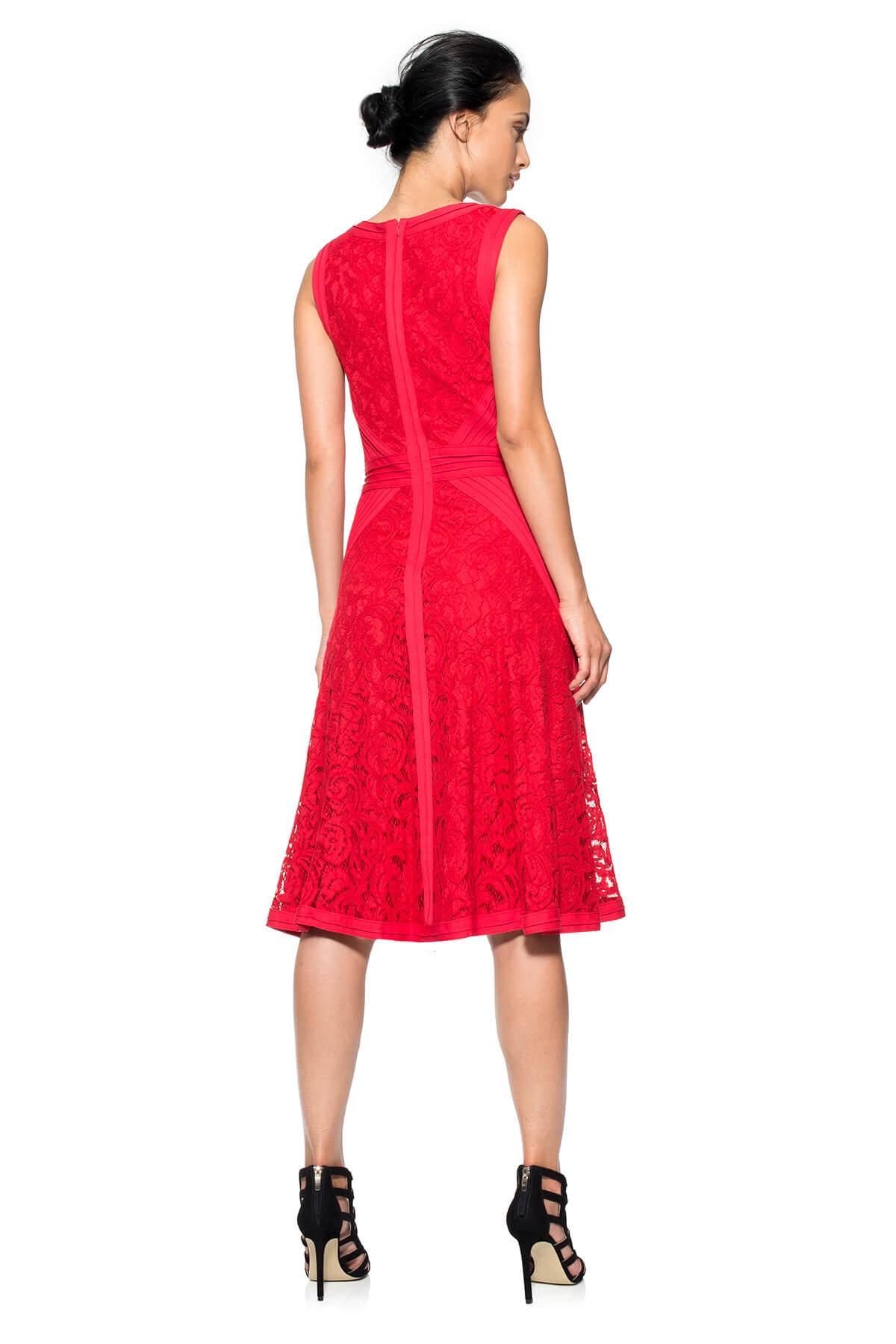Lace V-Neck Dress with Pintuck Jersey Piping