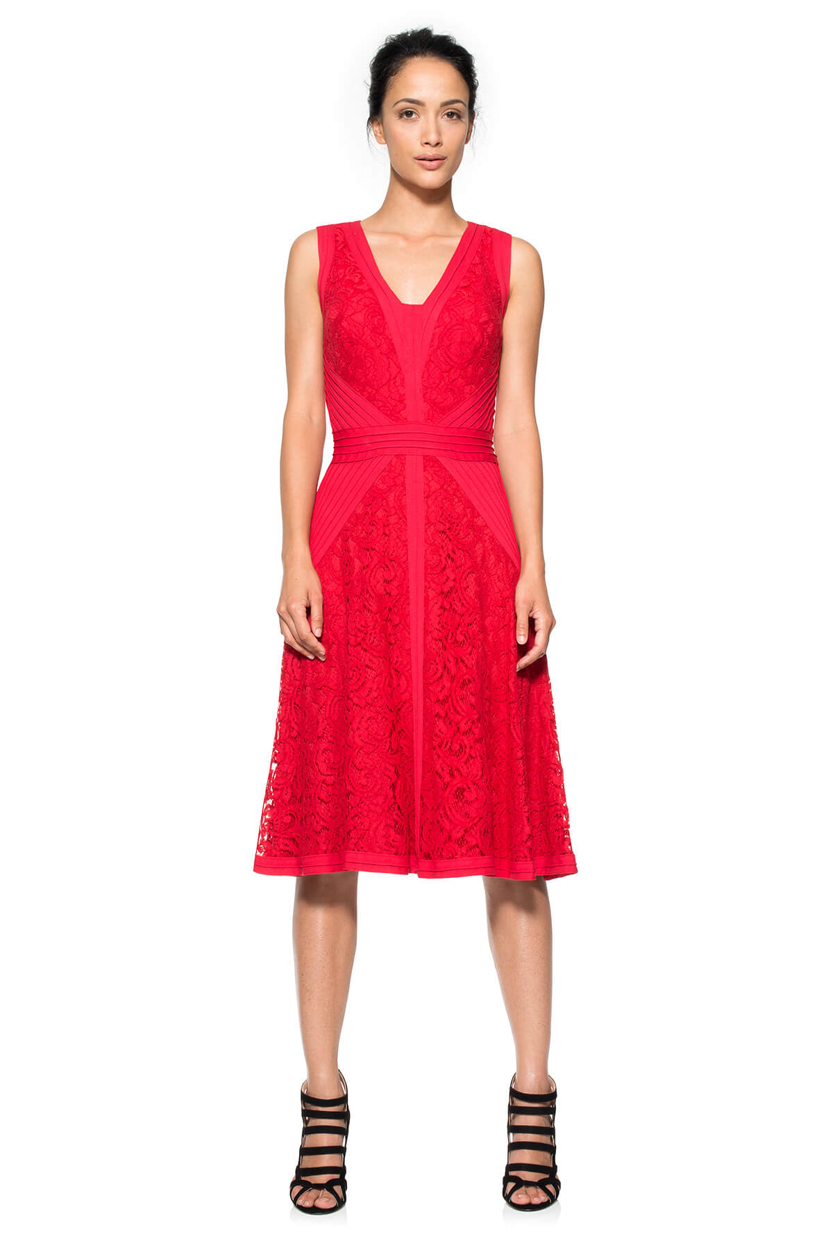 Lace V-Neck Dress with Pintuck Jersey Piping